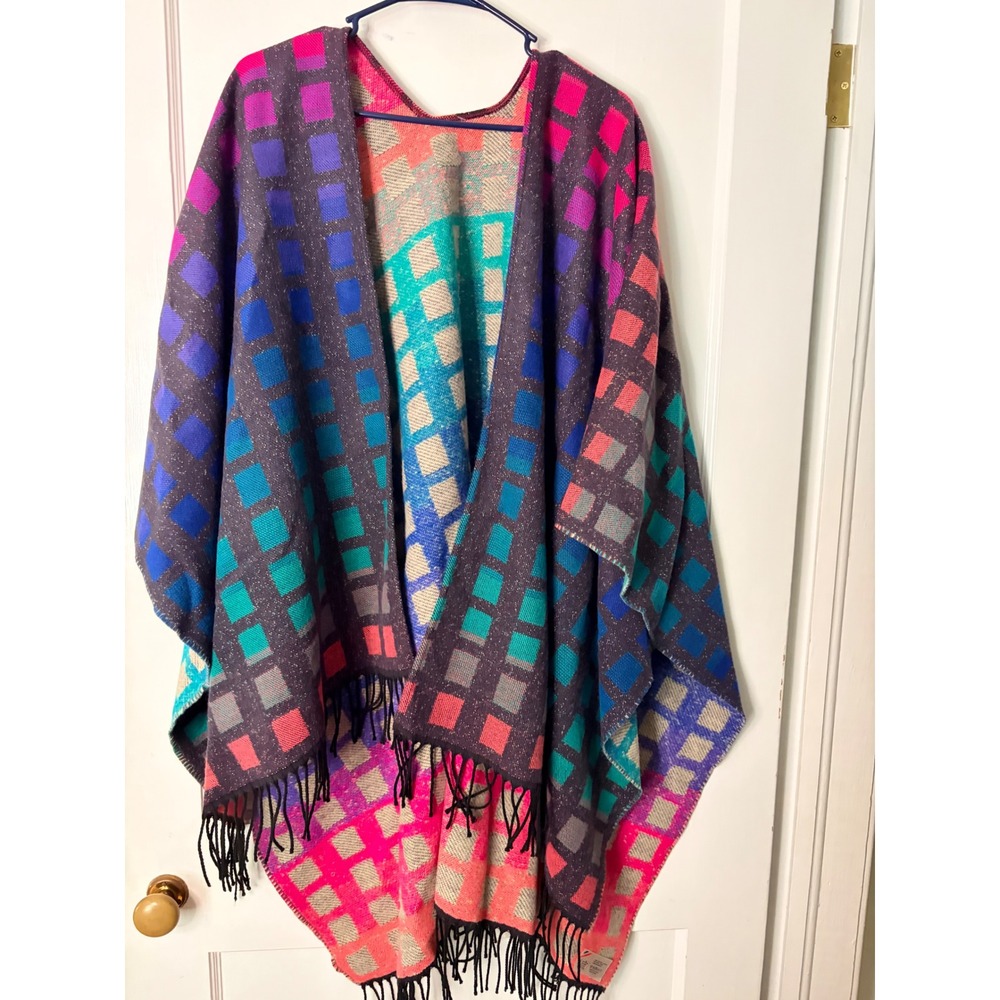 Rainbow Ombre Geometric Grid Poncho Wrap Multi-Color Fringe Open Front Cape